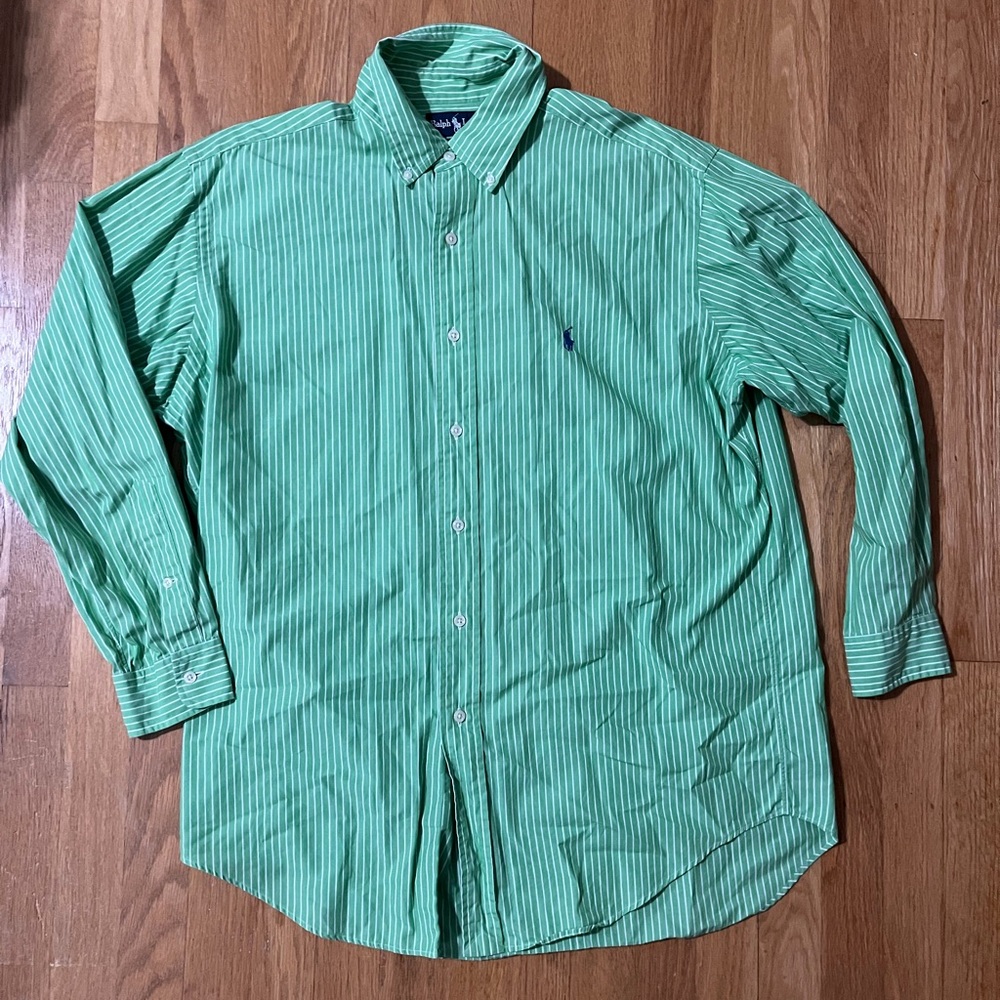 Men’s Ralph Lauren Green Striped Button-Up Shirt | neck size 16